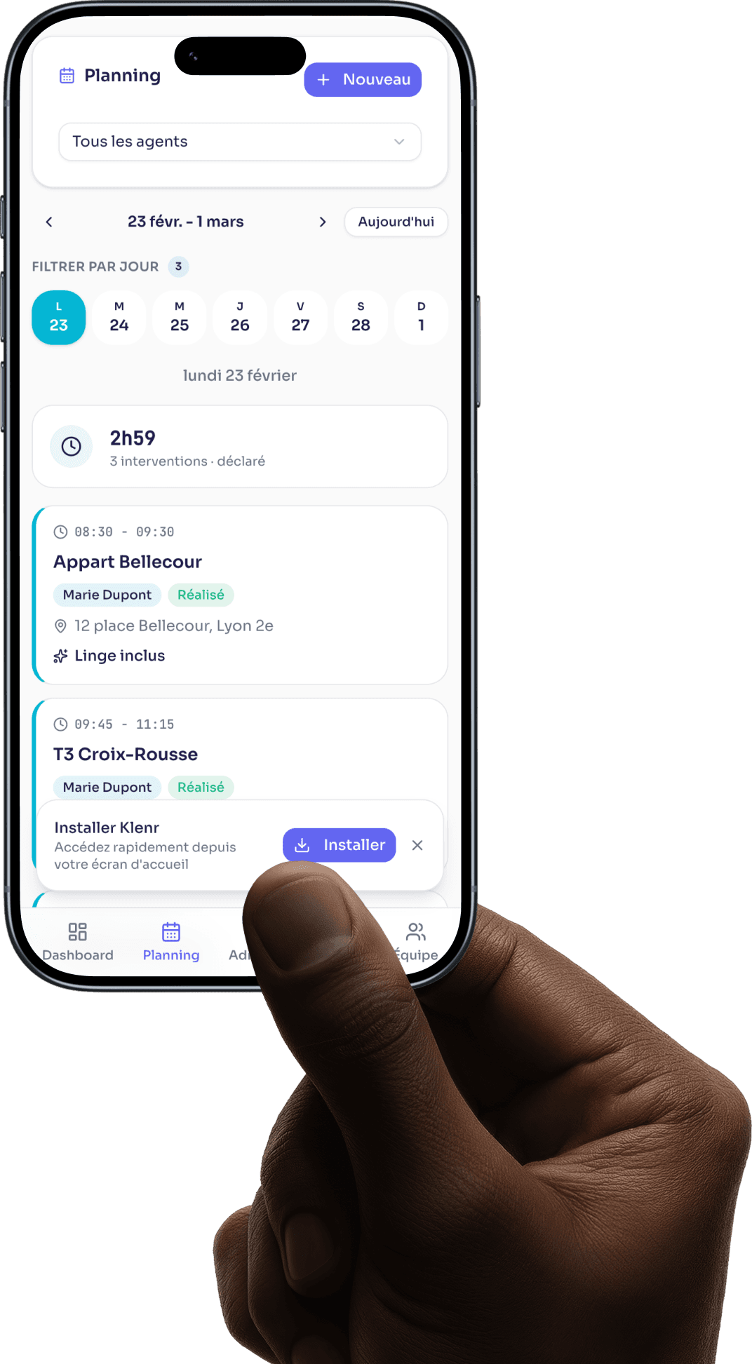 Application Klenr sur iPhone — planning des interventions